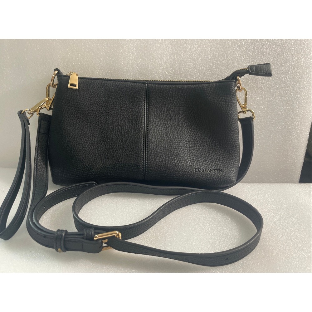 Bostanten Black Pebbled Crossbody Bag Gold Hardware Wristlet Clutch Multi-way